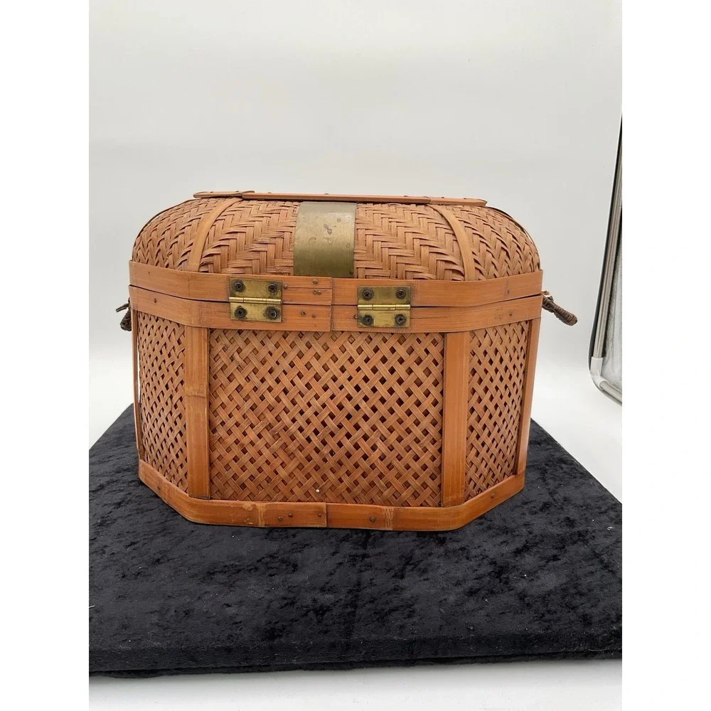 Vintage Rustic French Country Wicker/Wood Chest Brass Basket Wove Copper Inlay